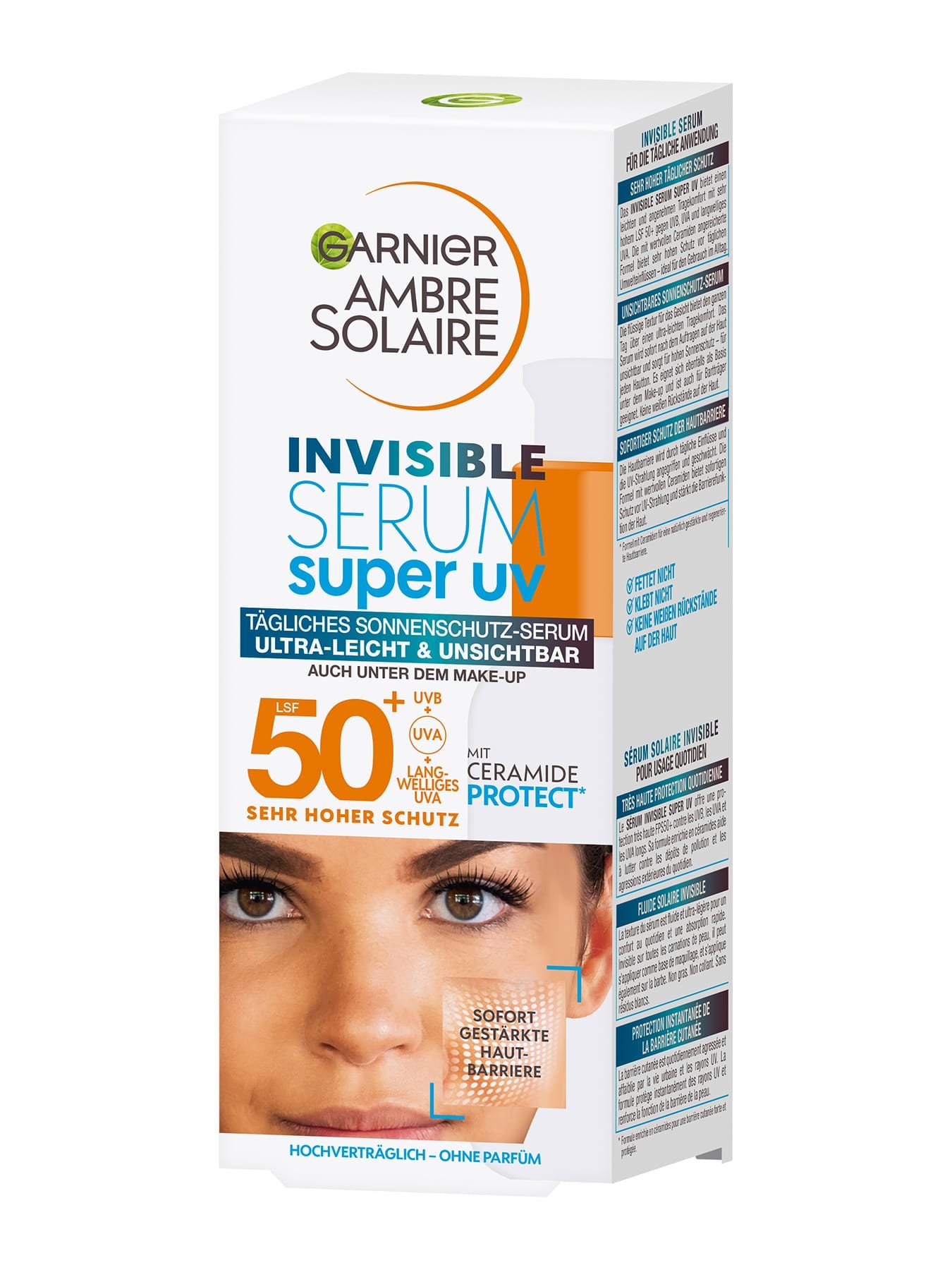 Invisible Serum Super UV Sonnenschutz-Serum LSF 50+ Verpackung schräg von vorn