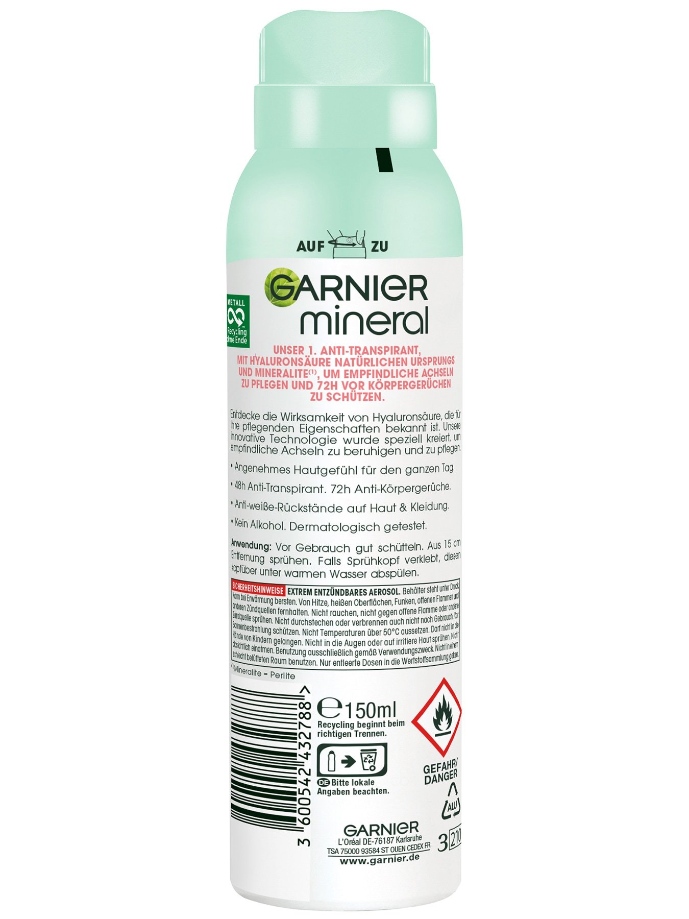 Garnier Mineral Hyaluronic Care Deodorant Inhaltsangabe hinten