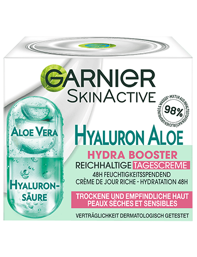Produktverpackung vorne der Garnier SkinActive Hydra Booster Tagescreme
