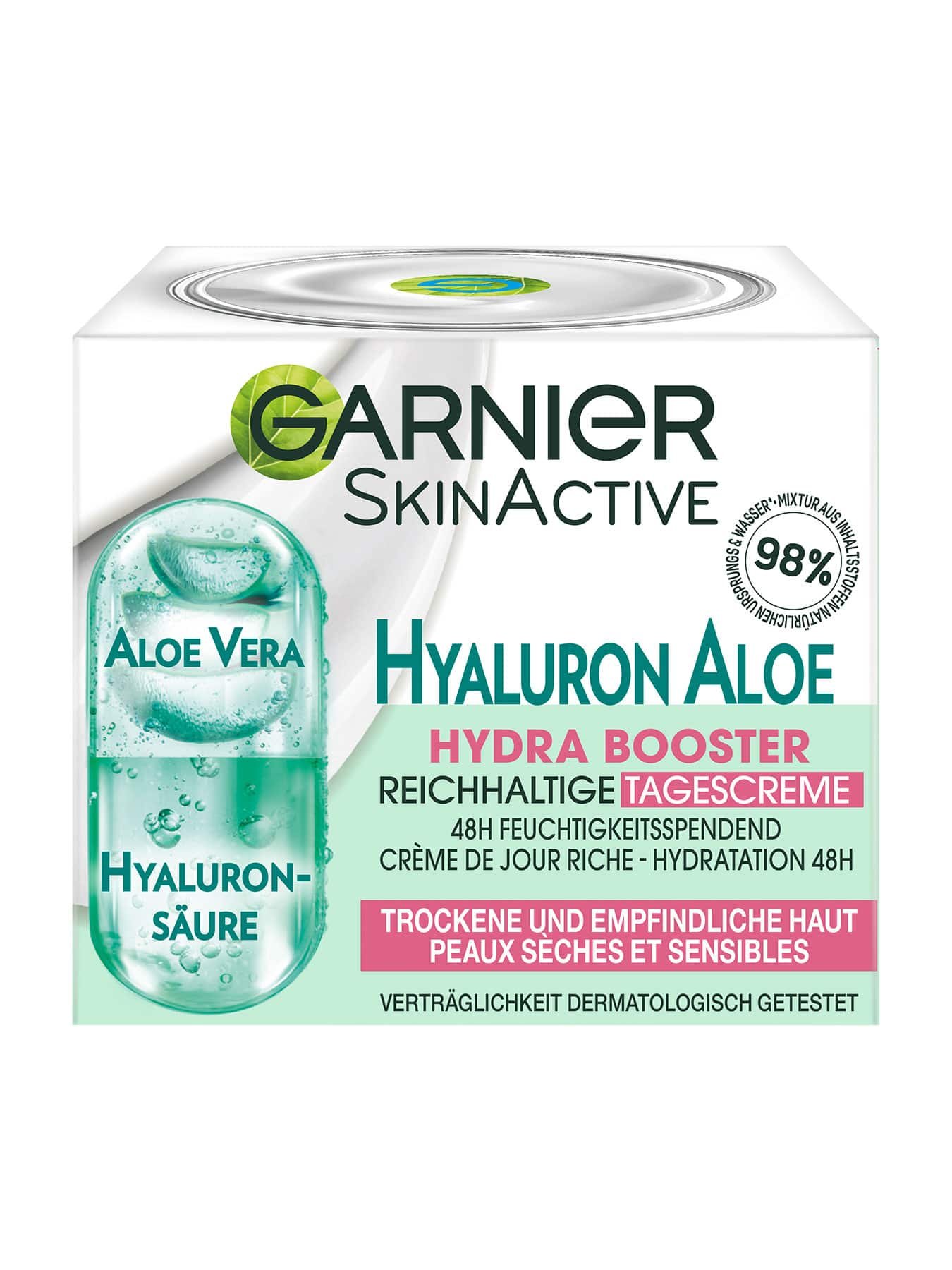 Produktverpackung vorne der Garnier SkinActive Hydra Booster Tagescreme