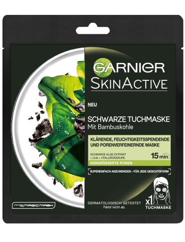 Schwarze Tuchmaske Garnier mit Schwarze-Alge-Extrakt | und Bambuskohle