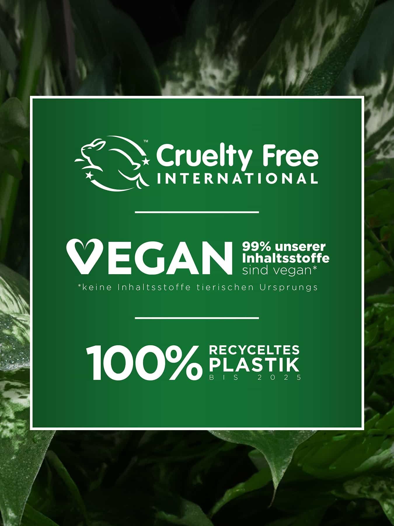 Logo von Cruelty Free International, 99% vegane Inhaltsstoffe & 100% recyceltes Plastik bis 2025